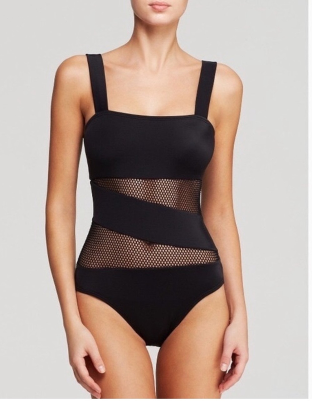 DKNY SWIM one piece black swimsuit with mesh detail. Size 8